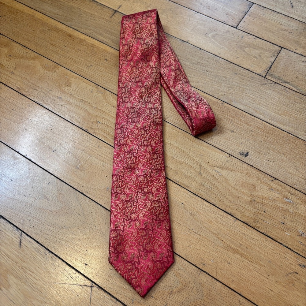 MC Escher 100% Silk Tie Red Gold Tessellation Art Handmade Jacquard Tie